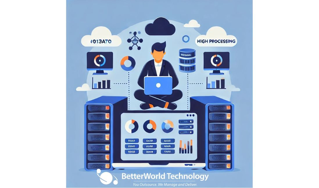 Cartoonish image of a person sitting with a laptop, servers, data analytics icons, and 3D modeling elements in the background, illustrating BetterWorld's Virtual Desktop Infrastructure (VDI) service features.