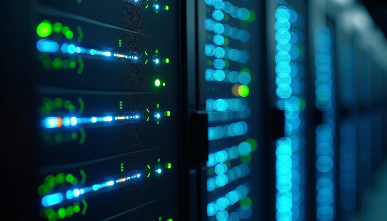 Close-up view of a server rack with blinking lights in a data center