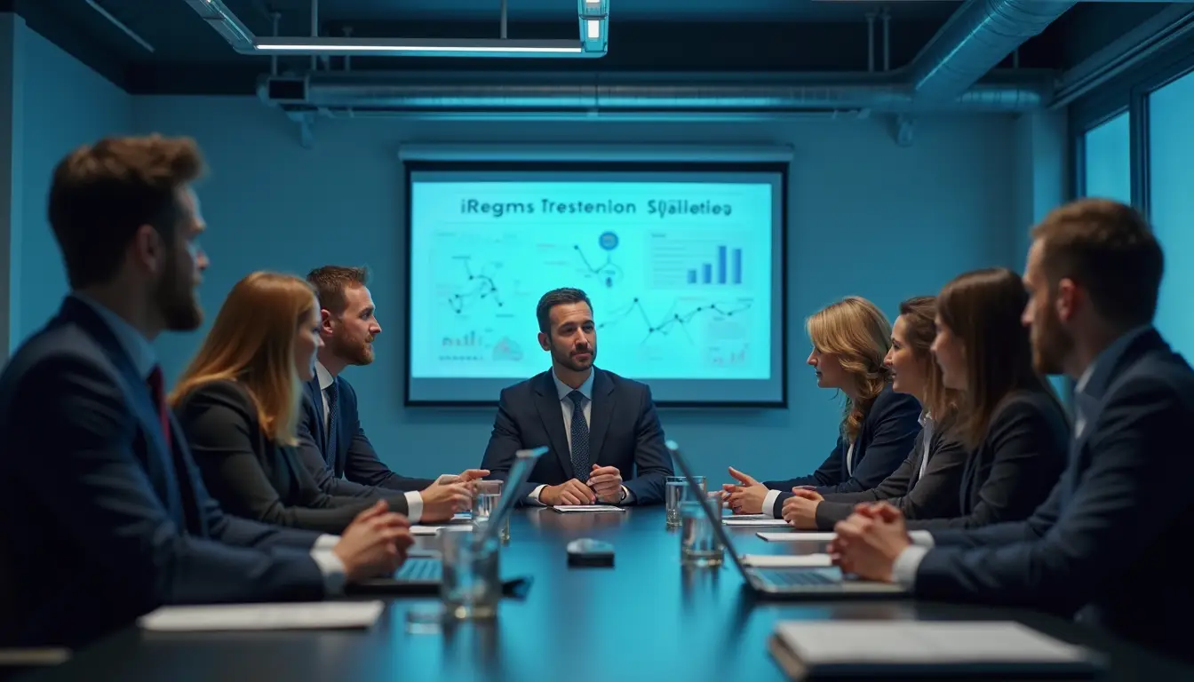 Eye-level view of a conference room with IT professionals discussing technology strategies