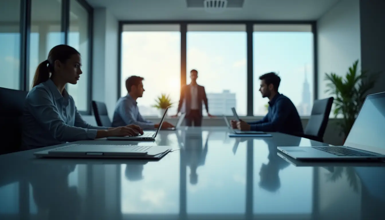 Eye-level view of a sleek modern office with digital devices