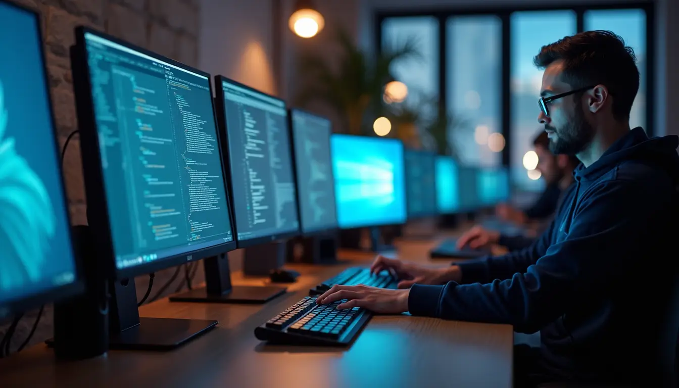 Close-up view of a computer workstation with multiple screens
