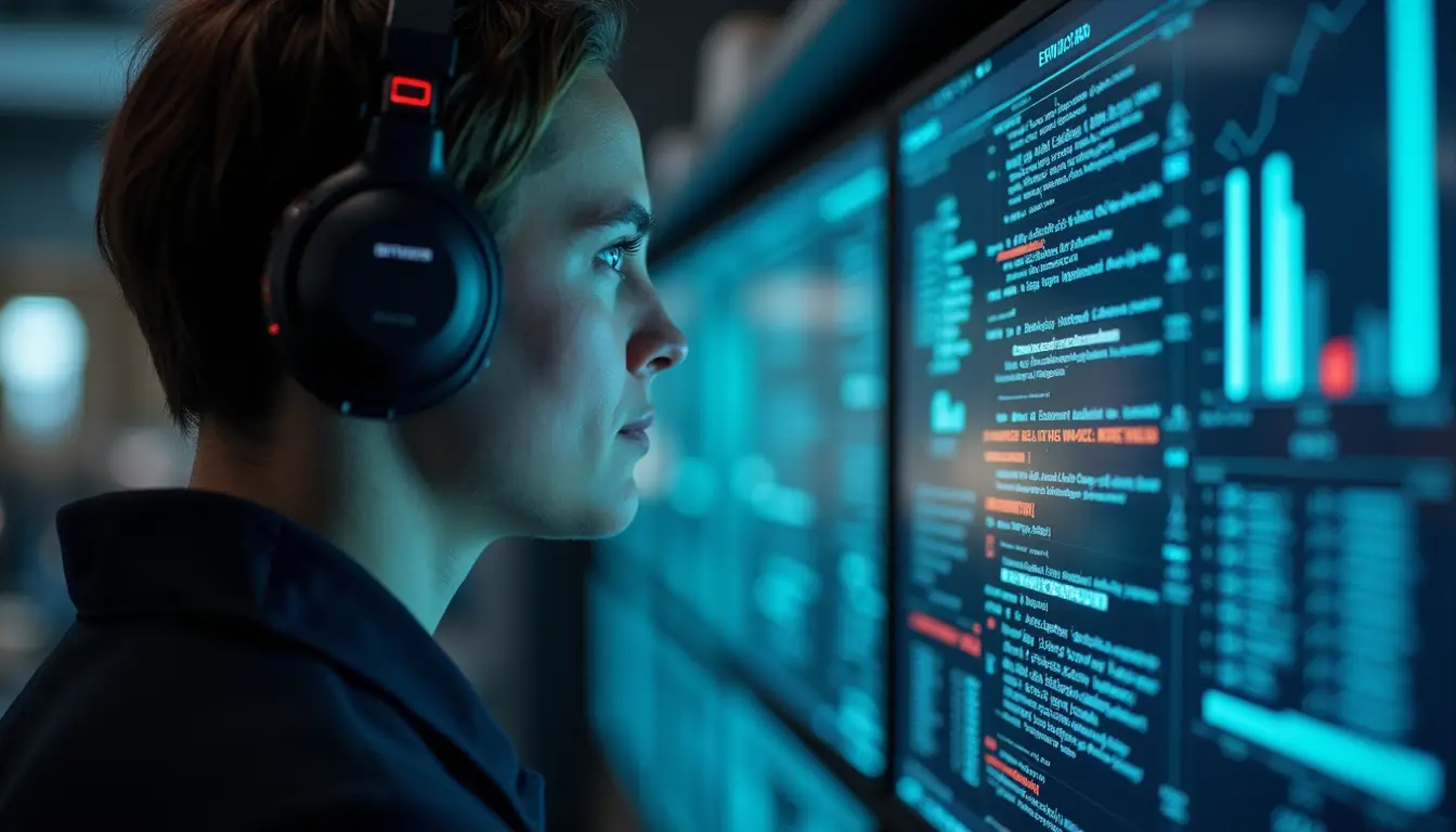 Eye-level view of a cybersecurity professional monitoring data