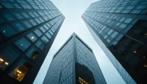 Eye-level view of a modern Boston office building with technology infrastructure
