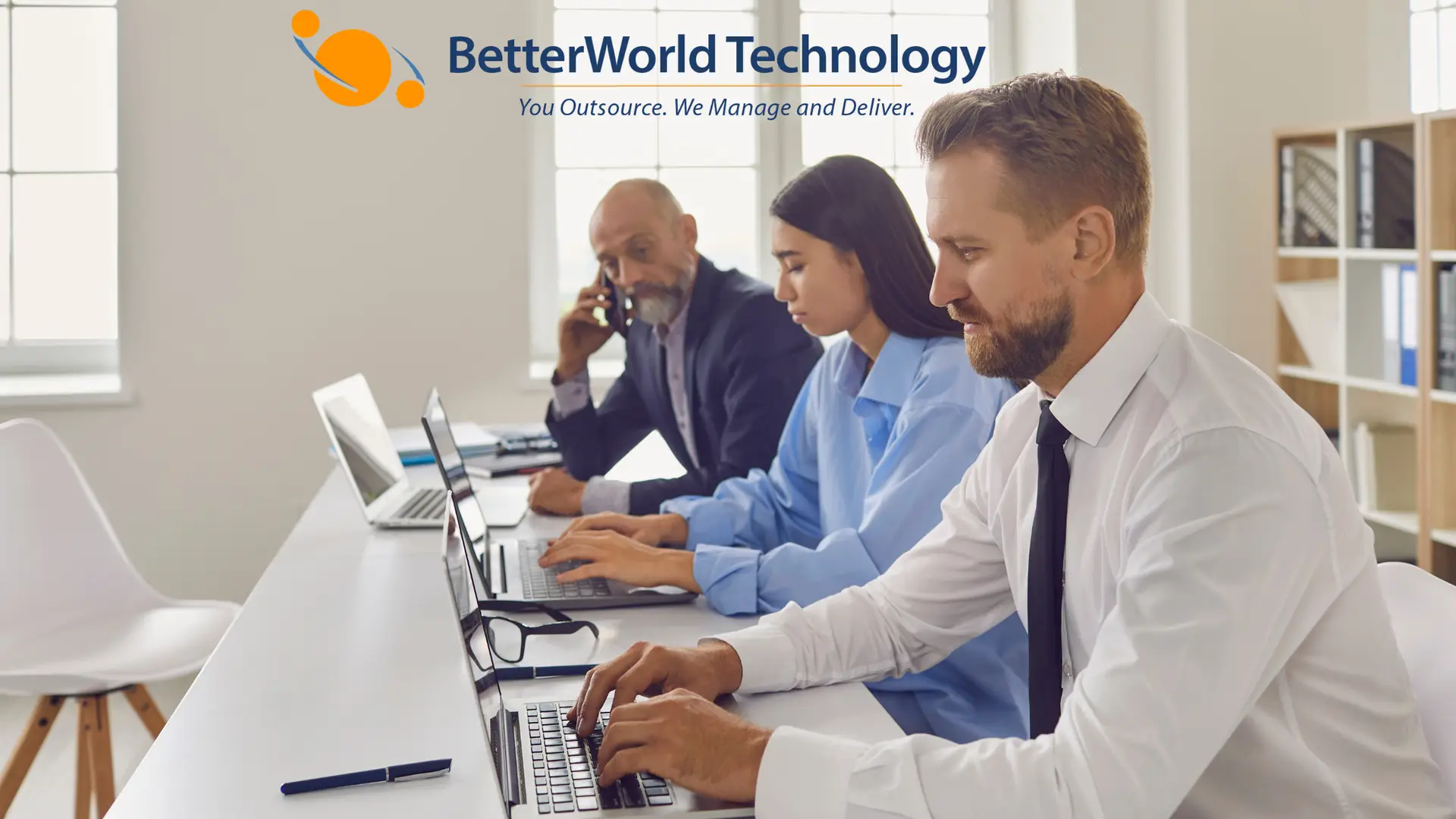 Business professionals strategizing on outsourcing for competitive advantage