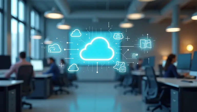 Wide angle view of a modern office space with cloud computing icons